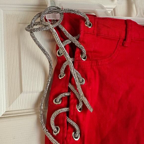 Blue Topic Women Red Jeans Tie Up Sides Size Medium Sparkle Laces - Picture 7 of 8
